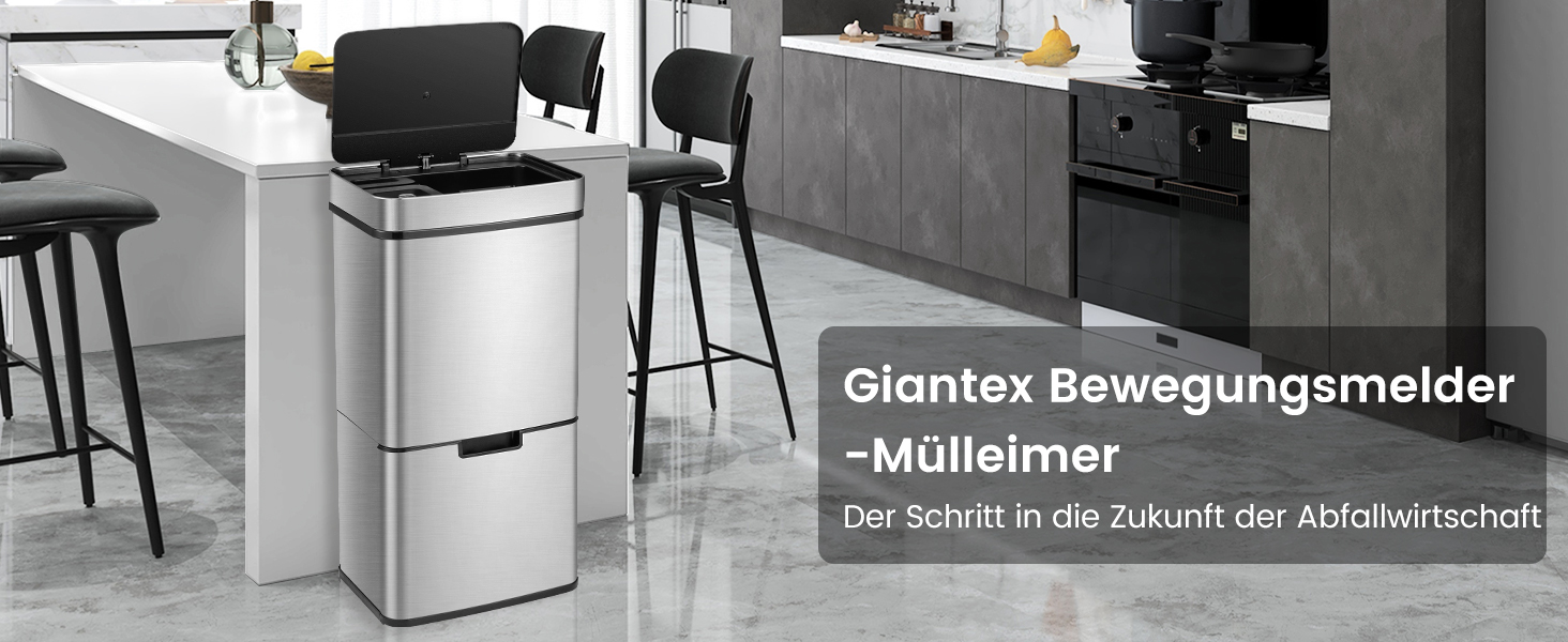 Сміттєвий бак GIANTEX 72л з 4 відділеннями, сенсорний, нержавіюча сталь, педальний, з плавним закриттям, для кухні, система сортування сміття