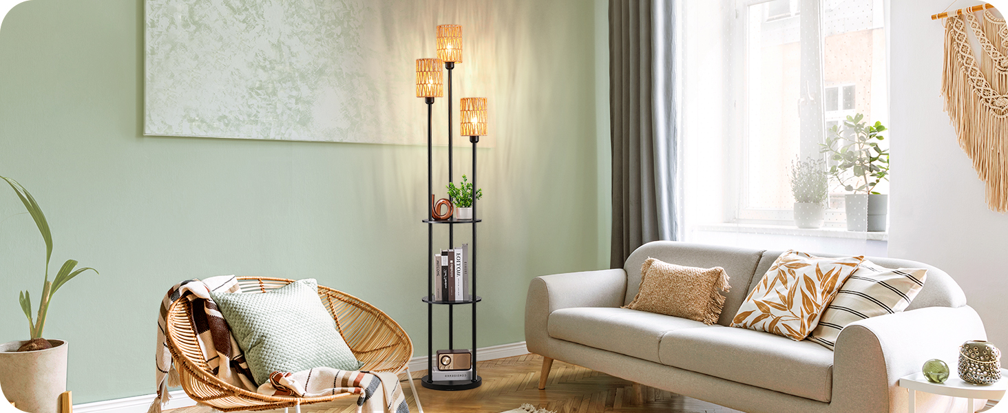 Стійка лампа EDISHINE для вітальні з трьома плафонами, вінтажний стиль, полиця, абажур з ротангу, 3 x E27, з лампочками, бохо-стиль, з вимикачем на ніжці, 178 см, чорний