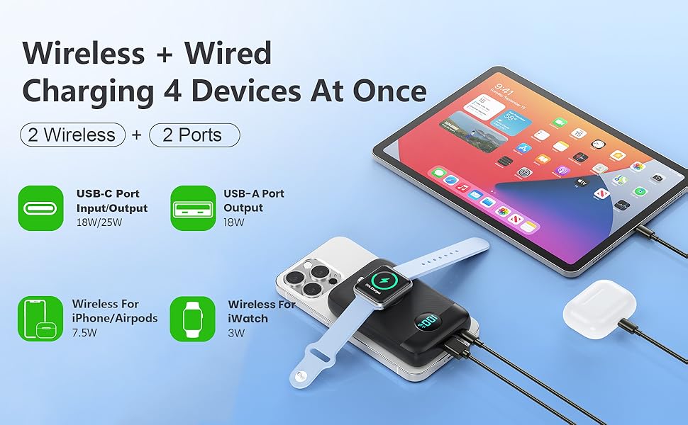 Power Bank магнітний 10800mAh з підтримкою MagSafe, 4-в-1, з зарядкою для Apple Watch, QC4.0+PD 25W, LED дисплеєм, для iPhone 16/15/14/13/12 Series