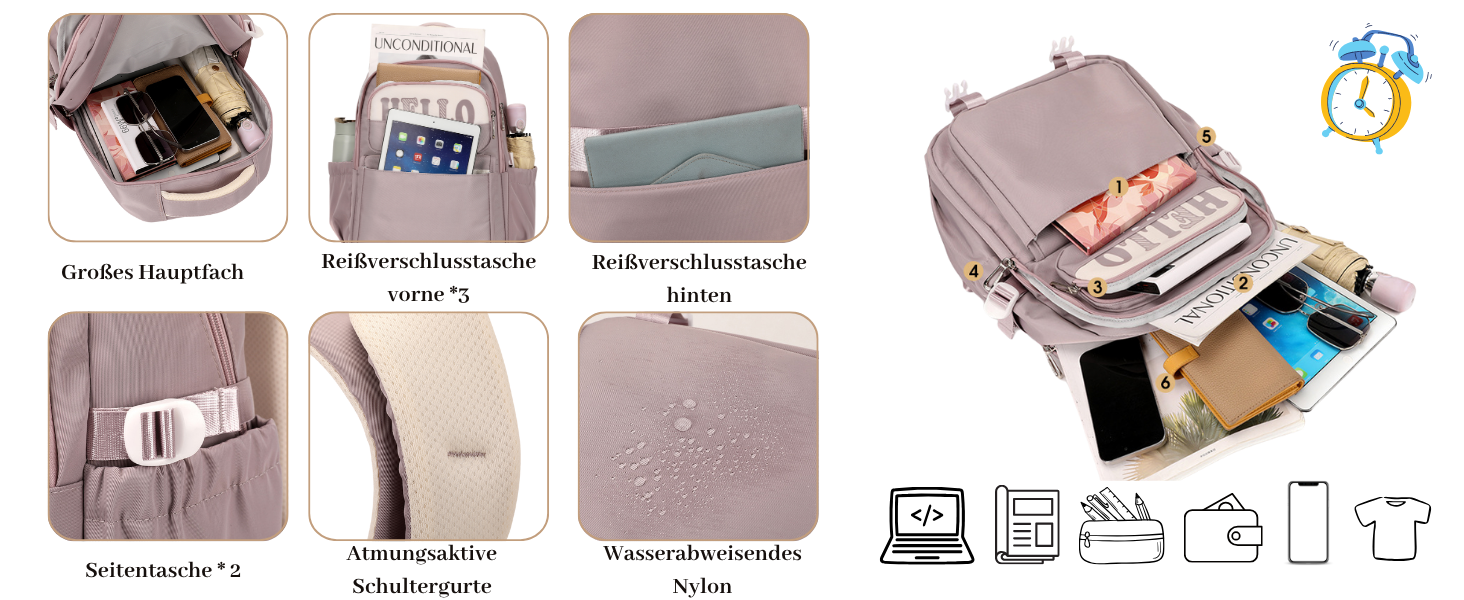 Шкільний рюкзак для дівчаток та хлопчиків-підлітків. Водостійкий рюкзак для школи, подорожей. Рожевий, з багатьма кишенями.