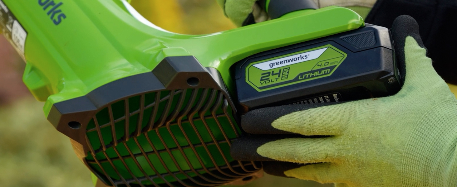 Greenworks G24ABK2 Axial Cordless Leaf Blower, 156 km/h, 4.27 m³/min, 24V 2Ah Battery & Charger, 3-Year Warranty