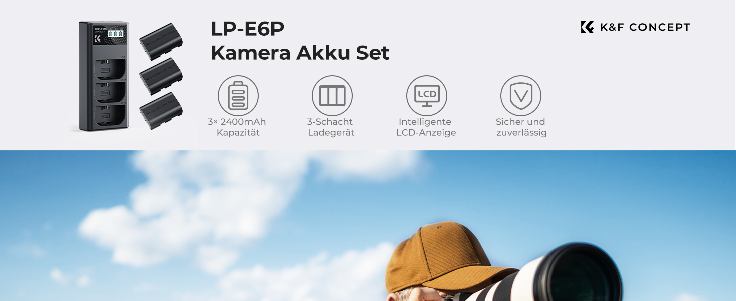 Акумулятор Canon LP-E6P (3 шт.) K&F Concept + Зарядний пристрій на 3 слоти, 2400mAh для Canon EOS R5, R6, R7, 5D Mark IV