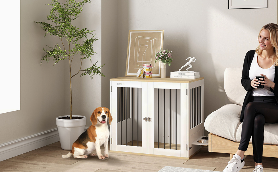 Клітка для собак Pawhut з приставним столиком, біла, для середніх собак, з поворотними годівницями