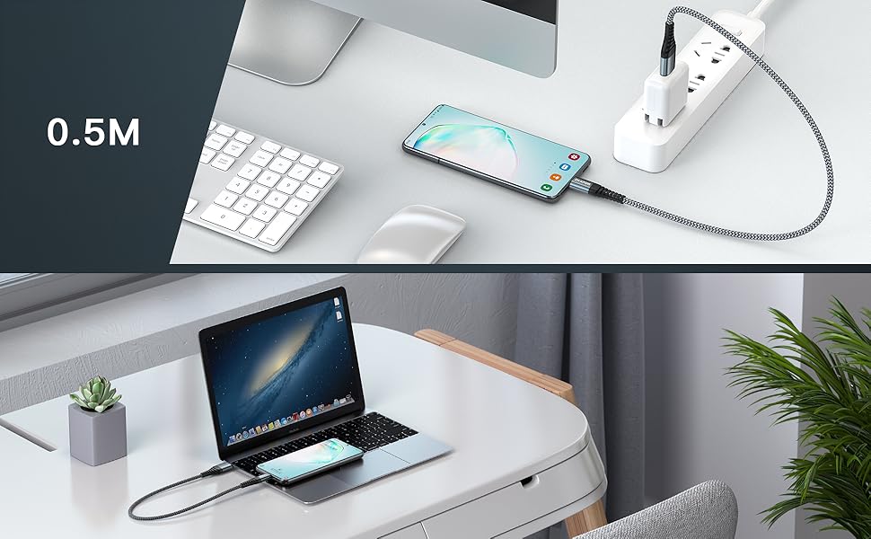 Кабель USB Type-C 2 шт. 3.1A, нейлон, сірий (0.5м) - сумісний з iPhone 15/15 Pro Max, Samsung Galaxy, Huawei, Google Pixel