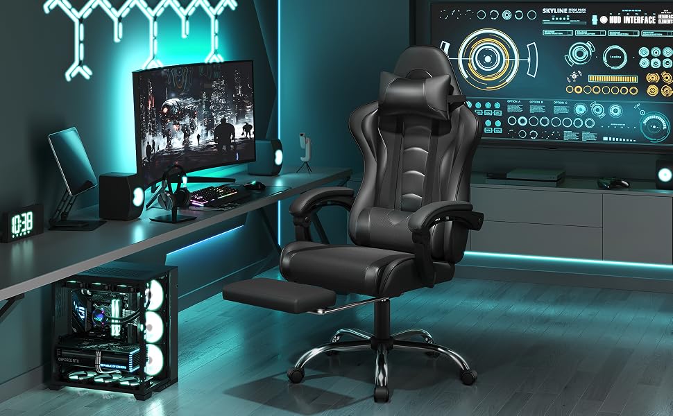 Ігрове крісло Yaheetech Ergonomic Gaming Chair з функцією масажу, підставкою для ніг та регулюванням спинки 90-135°, офісне крісло для геймерів та дому, чорне
