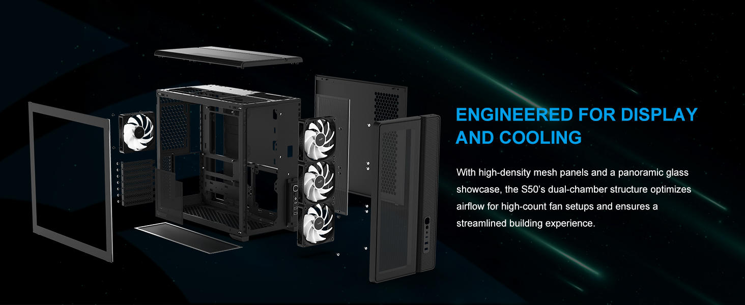 Ігровий корпус для ПК SAMA S50 Airflow, 4 ARGB PWM вентилятори, USB Type-C, Mesh-панель, чорний