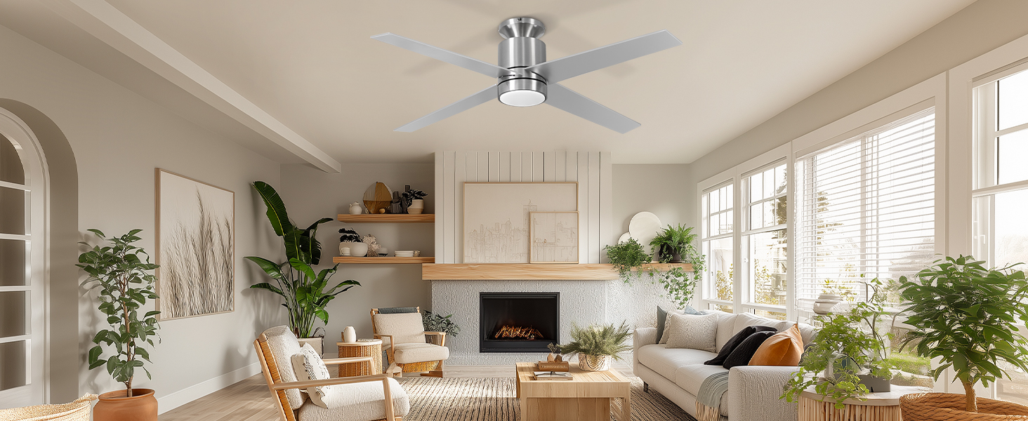 Стеляний вентилятор Ohniyou з підсвічуванням та пультом керування – 96,5 см (38 дюймів). Тихий, димування, для спальні, тераси, внутрішнього/зовнішнього використання (нікель, сучасний)