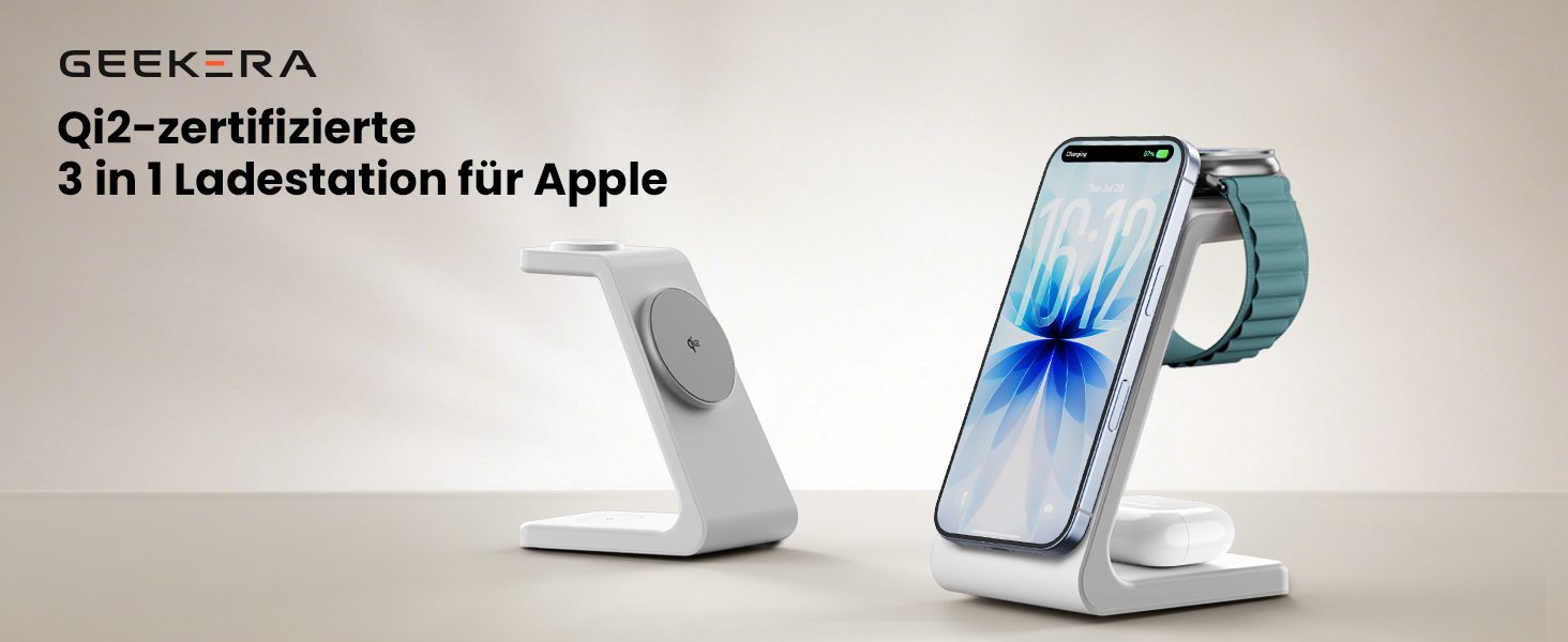 GEEKERA 3-в-1 зарядний пристрій Qi2 з MagSafe, 15W індукційна станція для iPhone 17/16/15/14/13/12, Apple Watch 11-2 та AirPods, білий/сірий