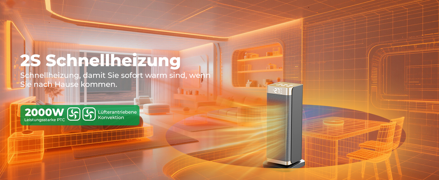 Електричний обігрівач 2000W з економним споживанням, тихий, 3 режими, PTC кераміка, швидкий нагрів, ECO режим, пульт ДУ, таймер 12H, поворот 70°, для офісу, спальні, ванної кімнати, золотий