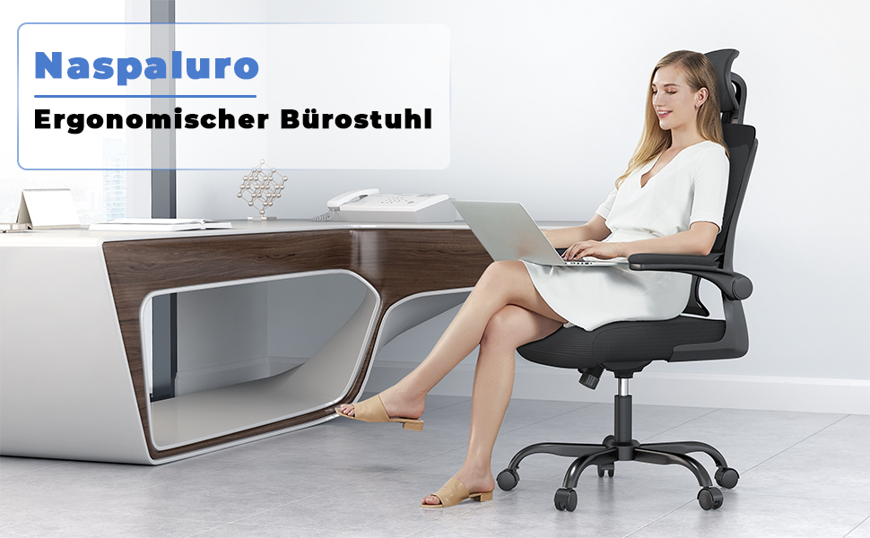 Офісне крісло Naspiro - ергономічне, з регульованою підголовником, підлокітниками та підтримкою попереку, чорне