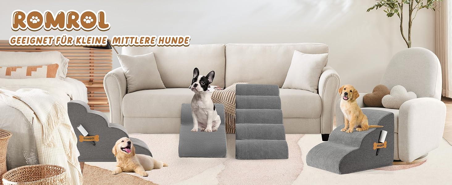 Сходинки для собак та котів ROMROL – 4 сходинки, сірий колір, з м'яким Memory Foam, для захисту суглобів, знімний та миючий чохол