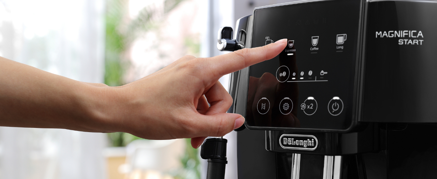 De'Longhi Magnifica Start ECAM222.20.B, fully automatic coffee machine with milk frother, for cappuccino, with espresso direct selection and 2x espresso function, 13-stage conical grinder, 1450 W, Black. Fully automatic coffee machine with touch display.