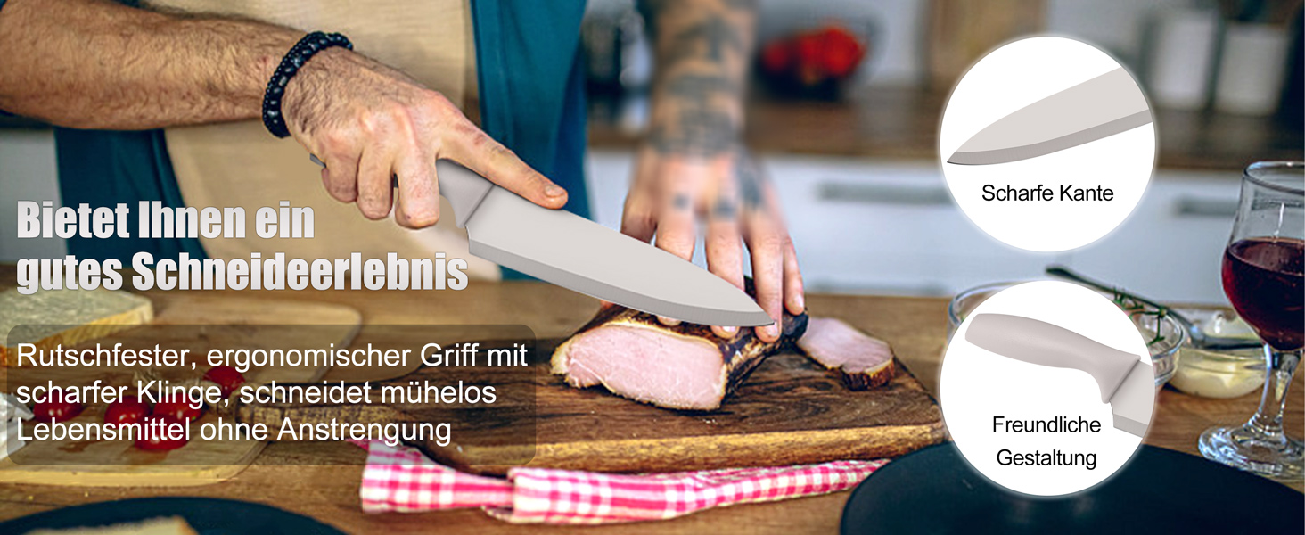 Набір кухонних ножів Homikit, нержавіюча сталь, 6 предметів, з захисним чохлом. Включає: кухарський ніж, ніж для м'яса, ніж для хліба, універсальний ніж, ніж для очищення овочів, сатокі. Антипригарне покриття, Khaki