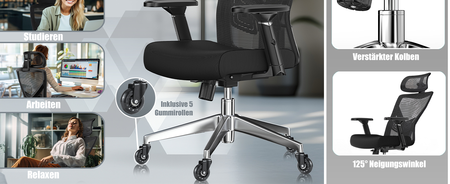Офісне крісло KESSER® ергономічне з регульованими підлокітниками, поворотне з підтримкою попереку, з підголівником, функція гойдання до 125° з 5 колесами, чорний/срібний