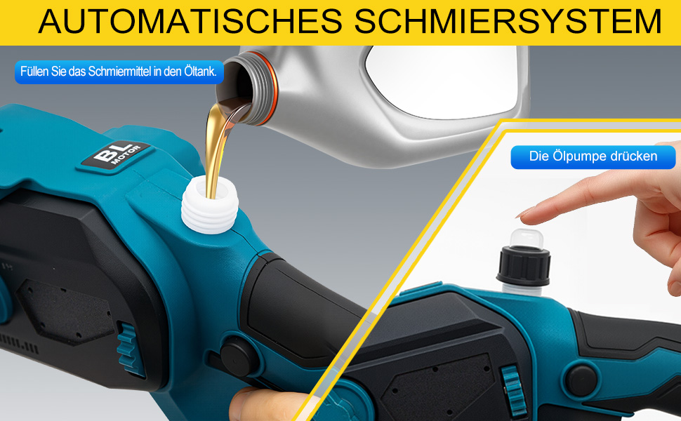 Акумуляторна міні-пила 6 дюймів (20 см) з безщітковим мотором, комплект з 2 ланцюгами 6 дюймів, 2 ланцюгами 8 дюймів, 2 направляючими плитами, 2 батареями високої ємності, для обрізки дерев та різання деревини, блакитна