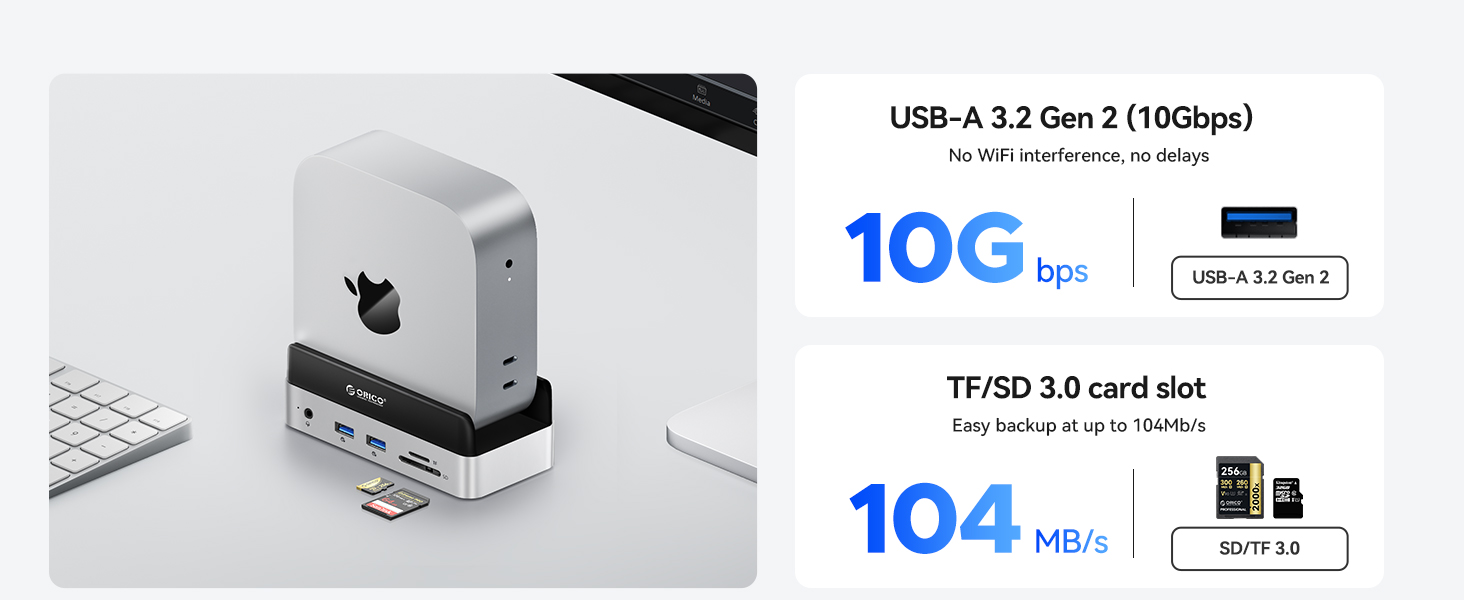 ORICO MiniDock: Док-станція та підставка для Mac mini M4/M4 Pro з корпусом для NVMe SSD, хаб USB-C з 4K HDMI, DisplayPort, SD/TF 3.0, USB-C/A 10Gbps, PD 100W - VS10 (6-in-1, 2TB)