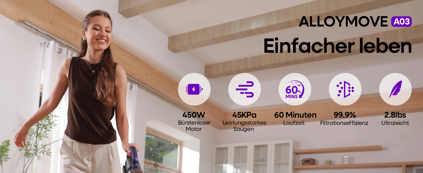 Бездротовий акумуляторний пилосос AlloyMove A03 Lila: потужність 450W, 45000Pa, LED, 60 хвилин роботи, для тварин, килимів, твердих поверхонь