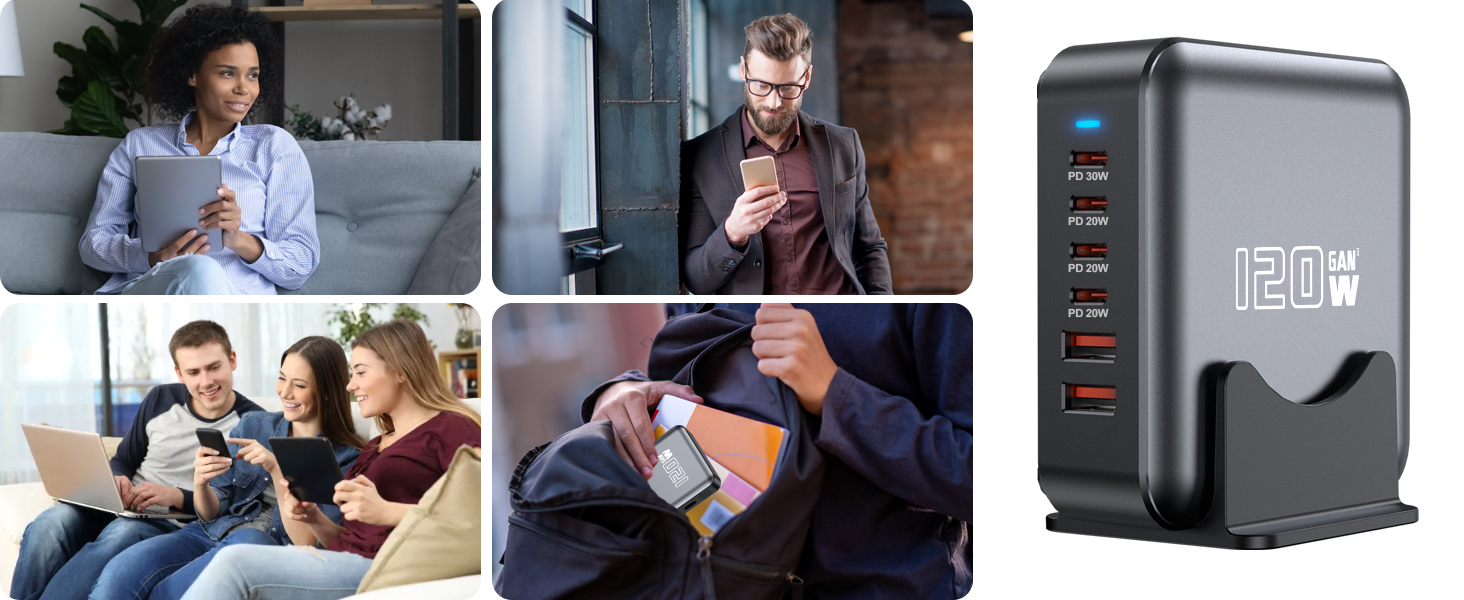 Швидкий зарядний пристрій USB-C GaN Hub 120W, 6 портів для iPad, iPhone 17/16/15/14/13/12 Pro Max, Samsung Galaxy S23 - Сірий