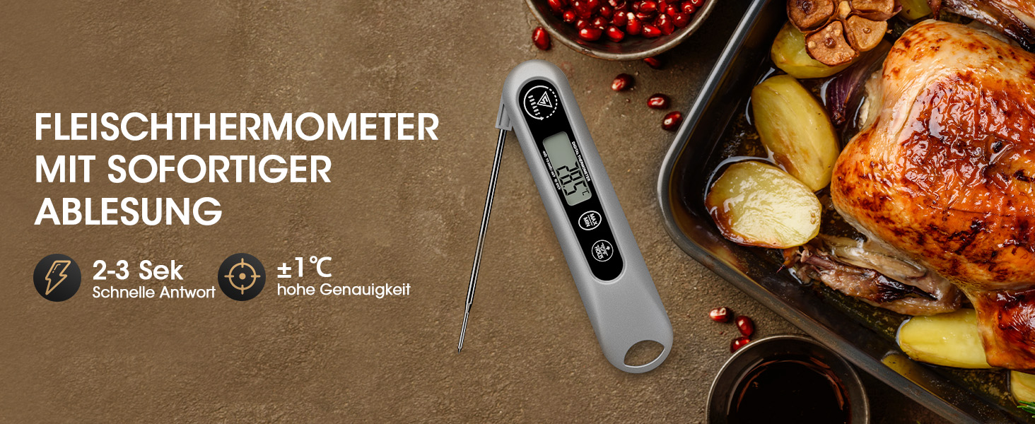 Цифровий кухонний термометр DOQAUS для м'яса, приготування їжі, випікання та гриля, швидка реакція 3s, LCD дисплей, автоматичне вмикання/вимикання (сріблястий/чорний)
