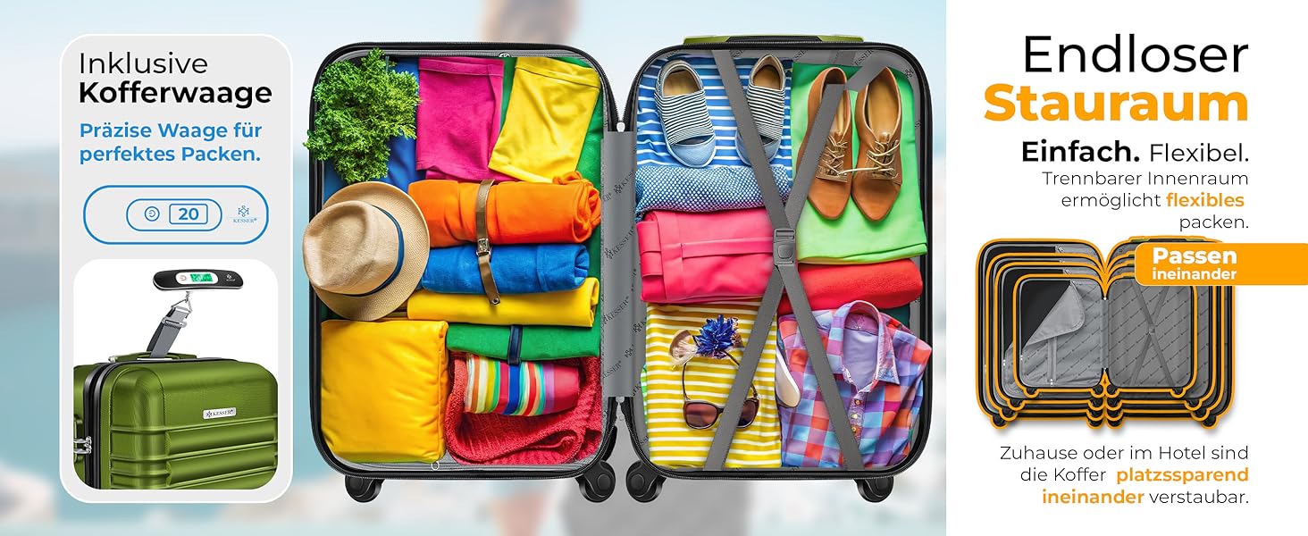 Чемодан KESSER® середній, жорсткий корпус, вага + бірка для багажу | Валіза-роликовий чемодан з кодовим замком, 4 колеса, ABS, телескопічна ручка (66x45x28см / 84 літри, шампань) 66см - 84Л шампань