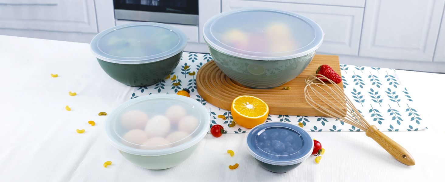 Набір міксерських чаш BoxedHome (12 шт.) з кришками, зелений. Зручні, багаторазові, неслизькі миски для салатів та змішування, з кришками, з пластику. Ідеально для кухні.