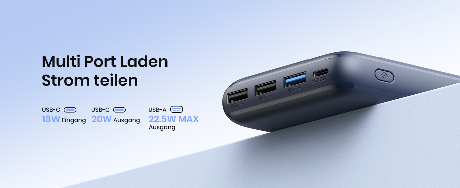 Power Bank A ADDTOP 20000mAh 22.5W USB-C: Зовнішній акумулятор для телефону, портативний зарядний пристрій з 4 портами (Синій)