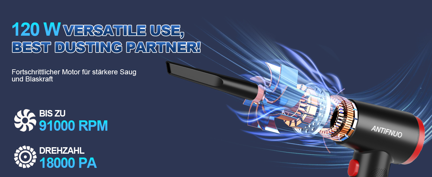 Електричний пилосос-фен для пилу 2-в-1, 91000 об/хв, акумулятор 6000mAh, USB-зарядка, для ноутбука, клавіатури, дивану, авто