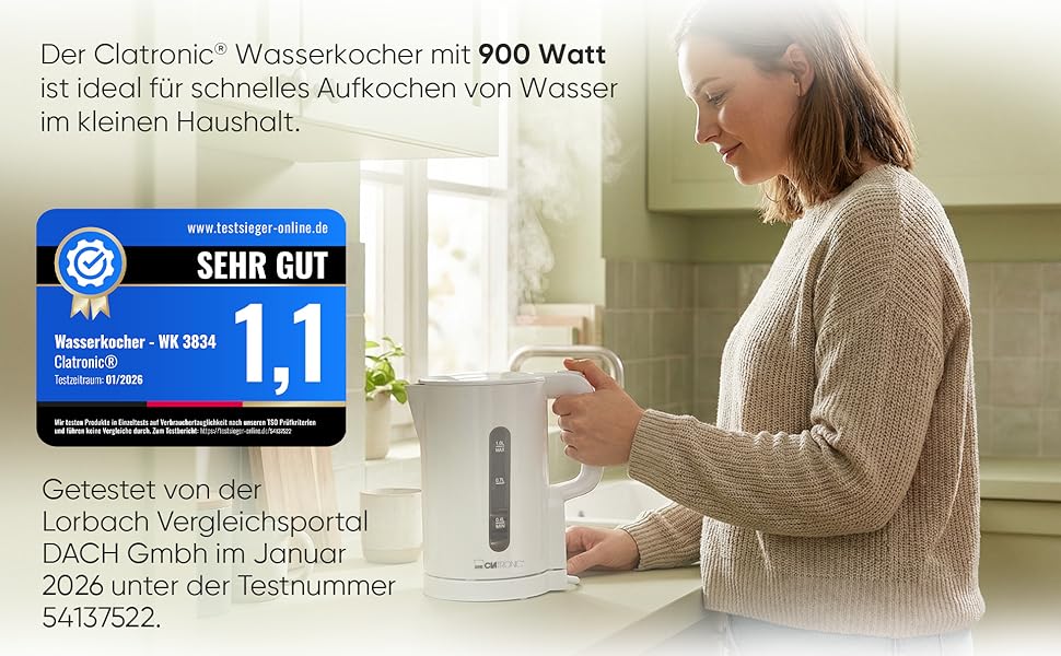 Електричний чайник Clatronic WK 3834 білий: 1л, 900W, BPA Free, захист від перегріву