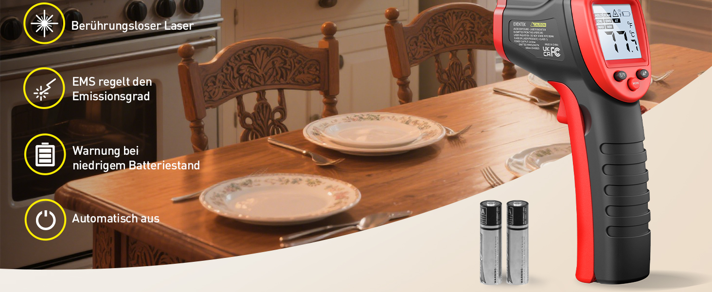 Інфрачервоний термометр Eventek -50°C до 600°C з лазером та LCD дисплеєм. Безконтактний вимірювач температури для піци, гриля, приготування їжі та промисловості. Регульований коефіцієнт випромінювання (Не для вимірювання температури тіла). Червоний колір.