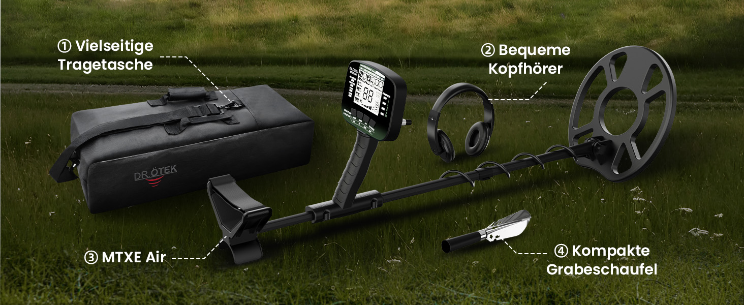 Металошукач DR.ÖTEK Profi Set для дорослих та початківців: 6 режимів, водонепроникна пошукова котушка IP68, 3 режими місцевості з Pinpoint, комплект з аксесуарами (AIR-Green)