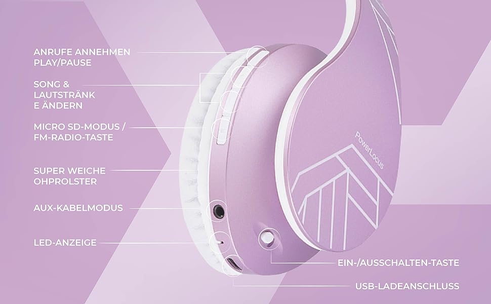 Дитячі навушники PowerLocus Bluetooth з обмежувачем гучності 85dB, складні, з чохлом, Over-Ear, бездротові та провідні з мікрофоном, Micro-SD, для телефону, ПК, планшета, фіолетові