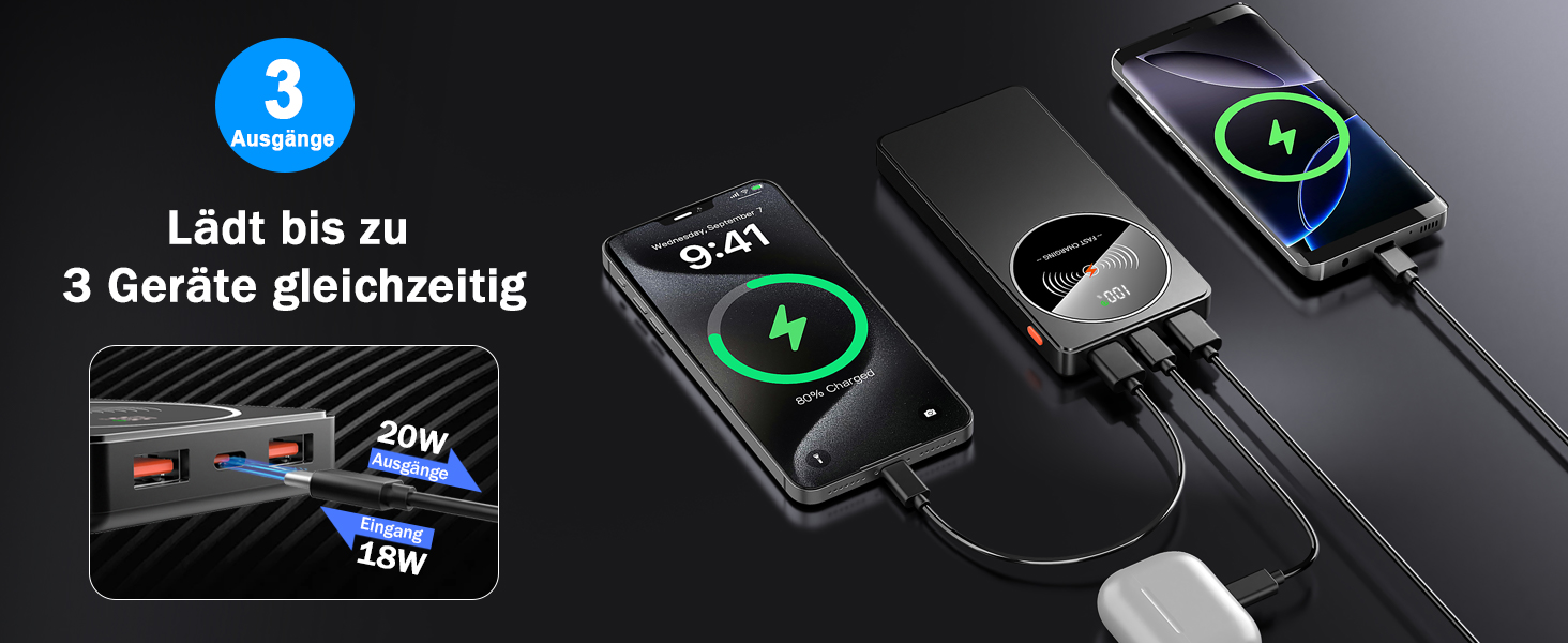 Портативний зарядний пристрій Power Bank Klein 10000mAh з USB-C, 3 порти, сумісний з iPhone 17/16/15/14/13 Pro Max Plus Mini, Android, чорний