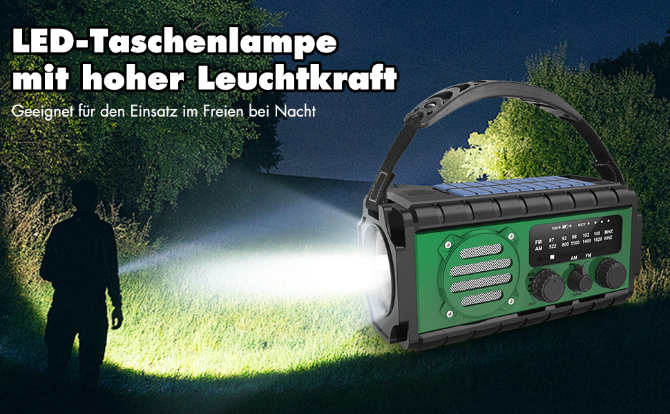 Сонячне радіо 20000mAh з ручним генератором, AM/FM, LED ліхтарик, SOS-сигнал, IPX6, для кемпінгу та подорожей (зелене)
