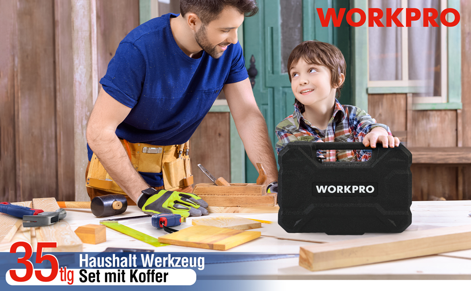 Набір інструментів WORKPRO 35 предметів у кейсі, універсальний комплект для дому, зі шліцевою викруткою, плоскогубцями, рулеткою, шестигранниками, синій, подарунок для початківців DIY