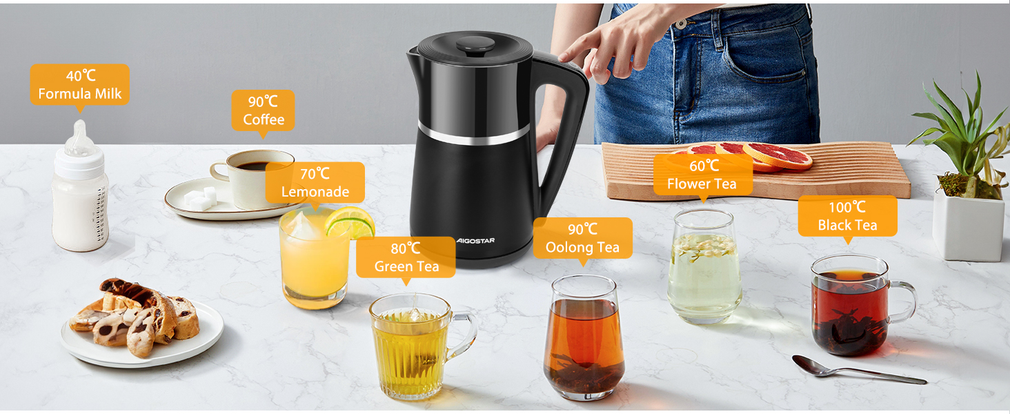 Електричний чайник Aigostar Alva з регулюванням температури 40°C-100°C, 1.7 л, подвійні стінки, Cool Touch, LED дисплей, тихий, бездротовий, з функцією підтримання тепла, 2200W, BPA Free, чорний