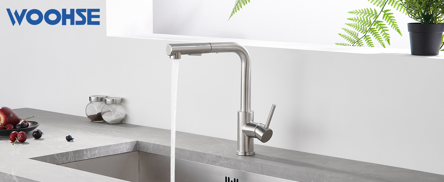 Висувна кухонна змішувач з душем, 360° поворот, нержавіюча сталь, 2 режими струменя, кухонна змішувач преміум-класу, сріблястого кольору