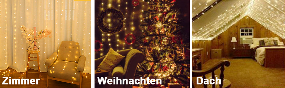 Лампочки-завіса 3x3м, 300 LED, USB, 8 режимів, пульт, IP65, тепле світло, для декору, свята, вечірки