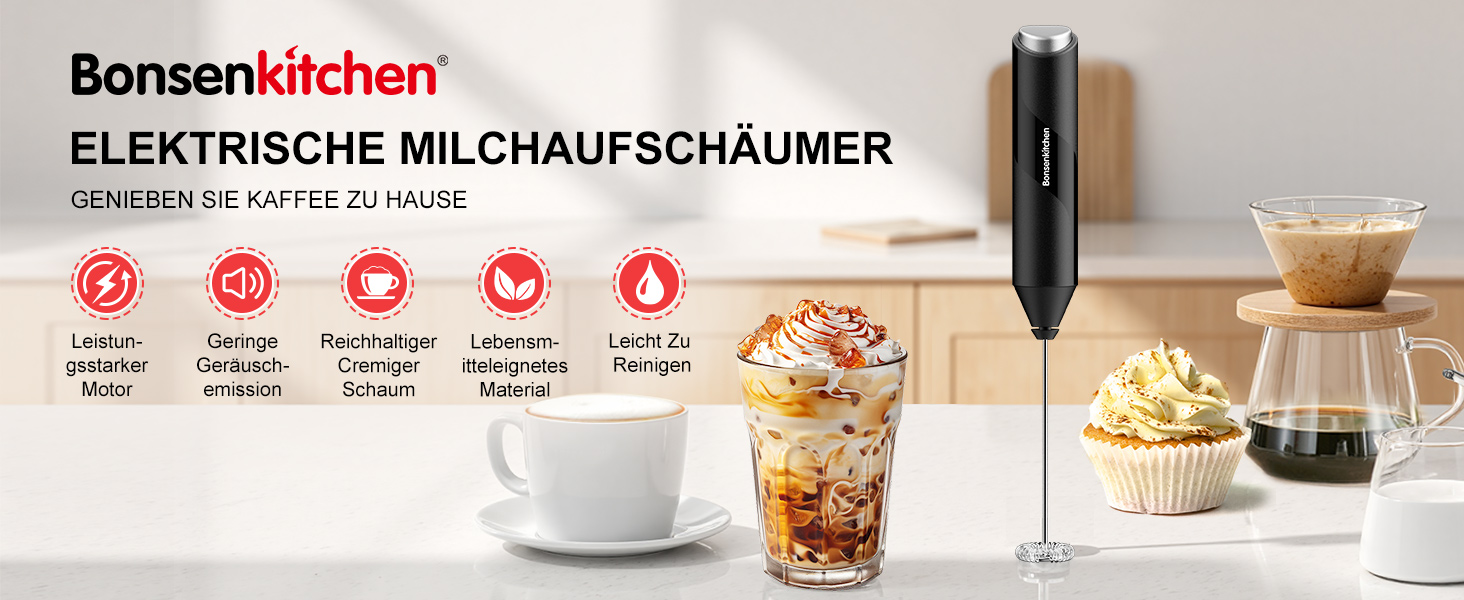 Електричний пінозбивач для молока Bonsenkitchen - для капучино, лате макіато, батарейний, чорний