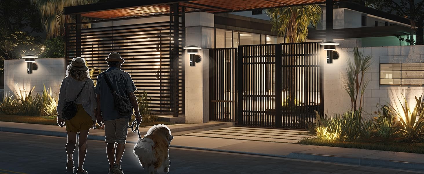 LED вуличний світильник з датчиком руху та сутінками, IP44, нержавіюча сталь SUS316, тепле світло 3000K, 1000LM, 9W, 18.7x17.5x19cm, чорний
