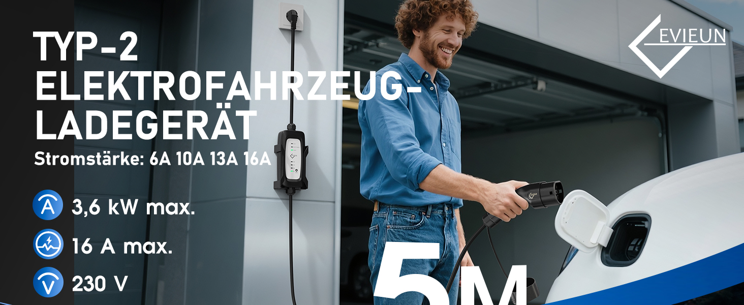 Кабель зарядки Schuko 3.6kW для електромобілів (5м, 6-16A) | Зарядний кабель для електрокар з регулюванням струму | Сумісний з ID.3/ID.4, Model 3/Y, ZOE, Q3/Q5 та ін. (EV/PHEV) Чорний - Upgrade, без дисплея 5 м