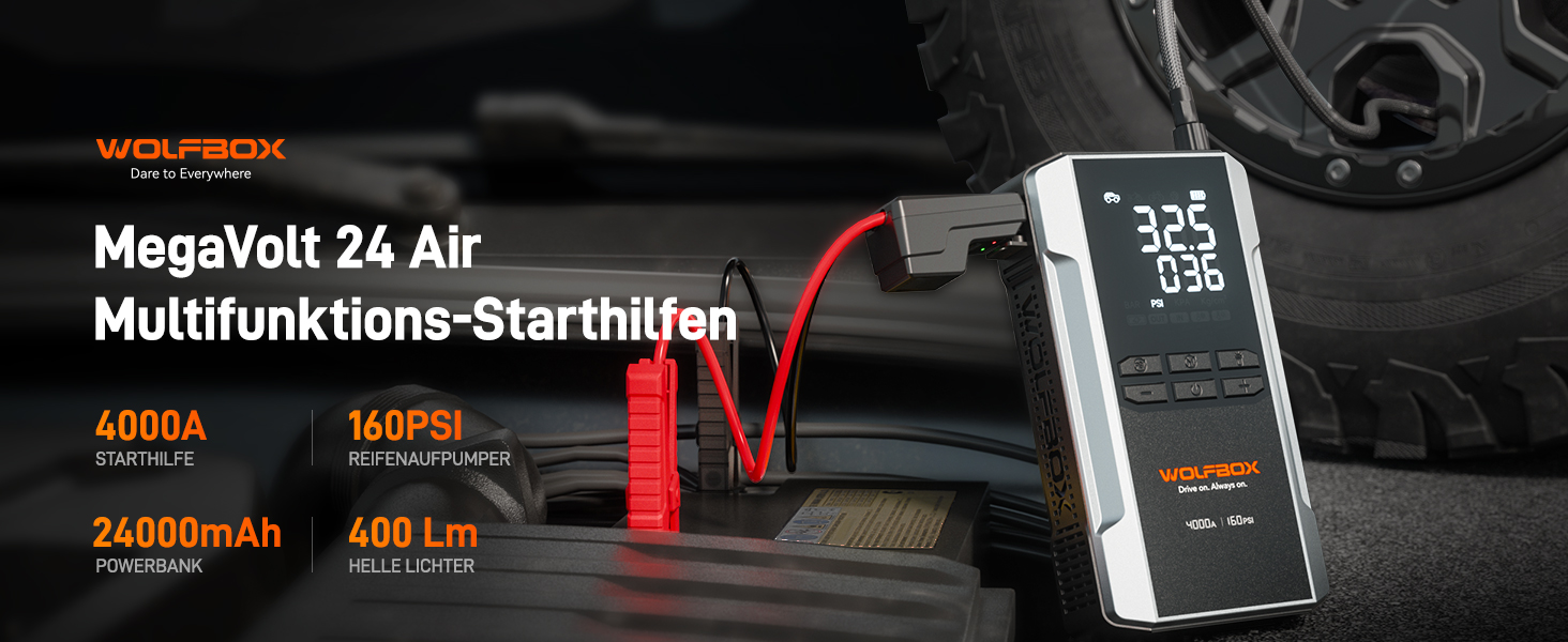 WOLFBOX 4000A: Портативний пусковий пристрій з компресором 160PSI, 12V, 65W, 88.8Wh для бензинових/дизельних двигунів, LED-ліхтар, кабелі для підключення
