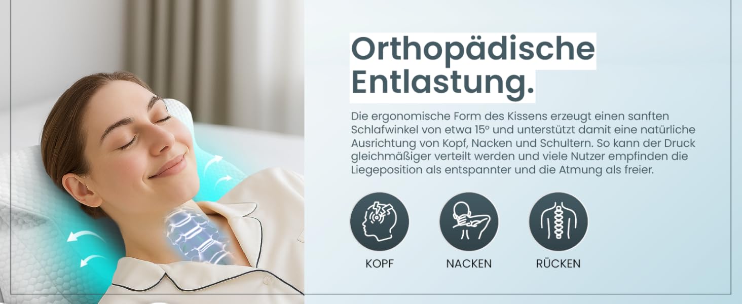 Ортопедична подушка для шиї при болях у шиї з високоякісної піни з пам'яті - Ергономічна подушка для шиї - Подушка для тих, хто спить на боці, на спині та на животі - пральний чохол при 40°C 61 x 40 x12 Світло-сірий