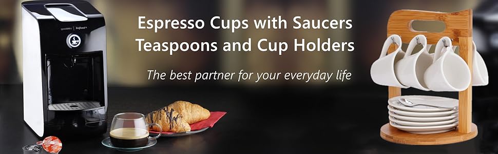 Набір еспресо-чашок з дерев'яним підставкою, 6 шт. по 80 мл, порцеляна, товстостінні, з підставками, для 6 осіб