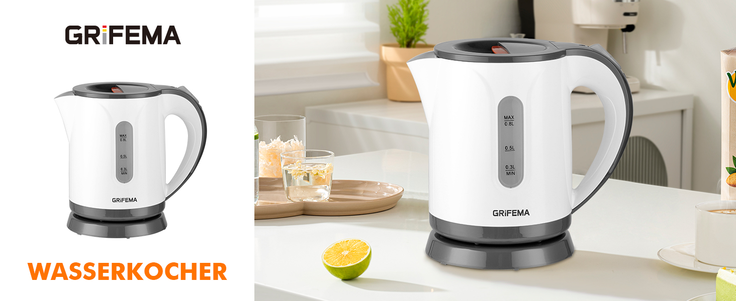 Електричний чайник GRIFEMA 0.8L, 1100W з фільтром від накипу, без BPA, автоматичне вимкнення, захист від перегріву, білий пластик