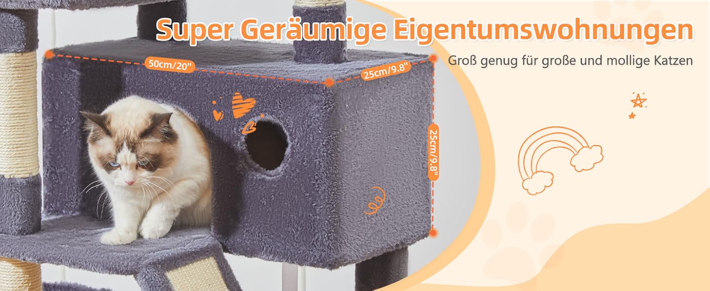 Дерев'яний комплекс для котів Taoqimiao MS026W (темно-сірий, 146 см) з будиночками, гамаком та 8 стовпчиками для шліфування кігтів