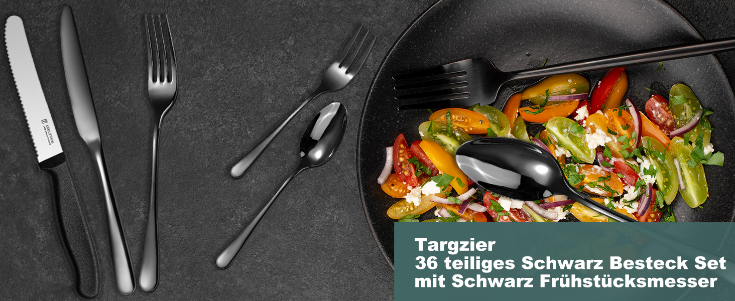 Набір столових приборів на 6 осіб, Targzier, 36 предметів, нержавіюча сталь, з ножами для стейка, преміум-якість, для сім'ї/вечірки/готелю, чорний колір, придатний для миття в посудомийній машині