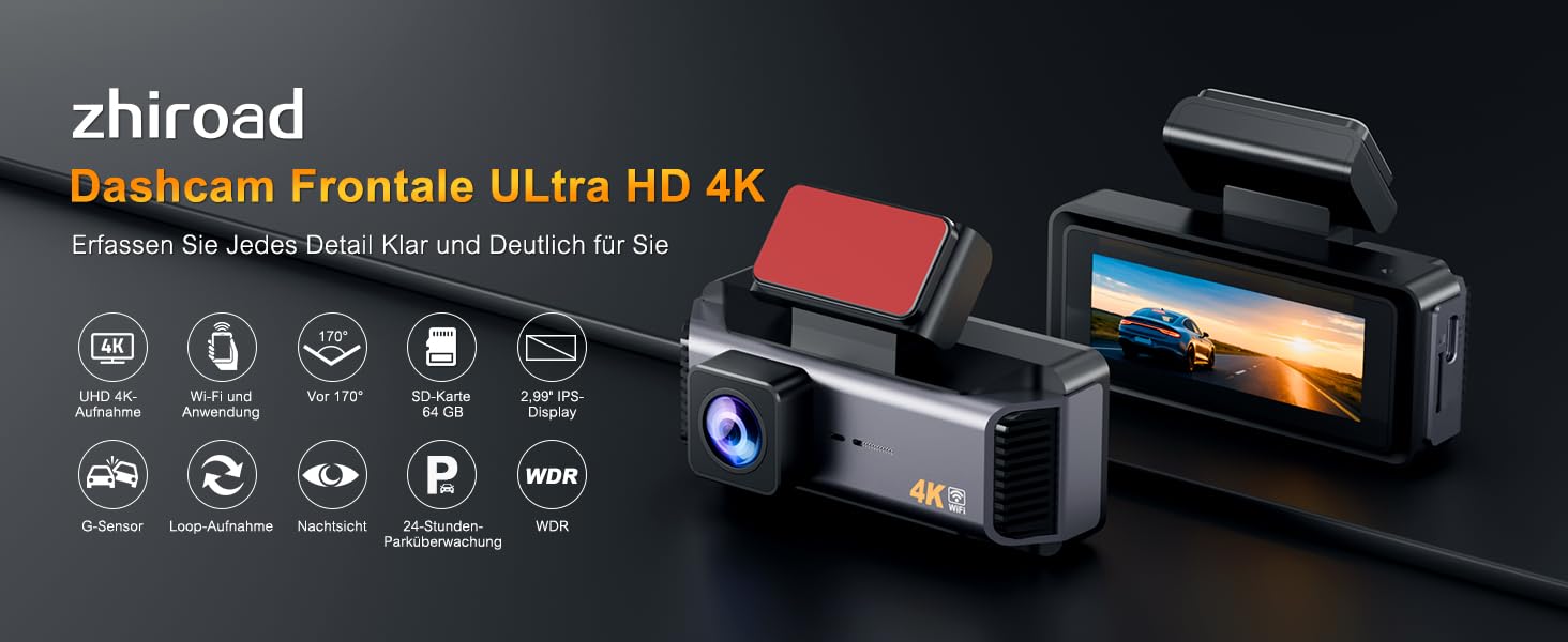 Автомобільний відеореєстратор 4K з 2.99'' екраном, 5G WiFi, SD-картою 64ГБ, нічною зйомкою WDR, кутом 170°, G-сенсором та режимом паркування