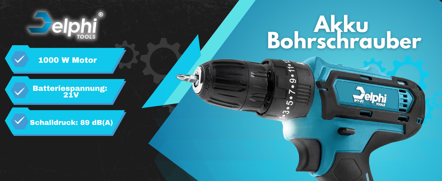 DELPHI 21V акумуляторний шуруповерт Set з 2 акумуляторами, 2 швидкості, 24 ступені крутного моменту, LED-підсвічування, для DIY-проєктів, 41-елементний набір з кейсом