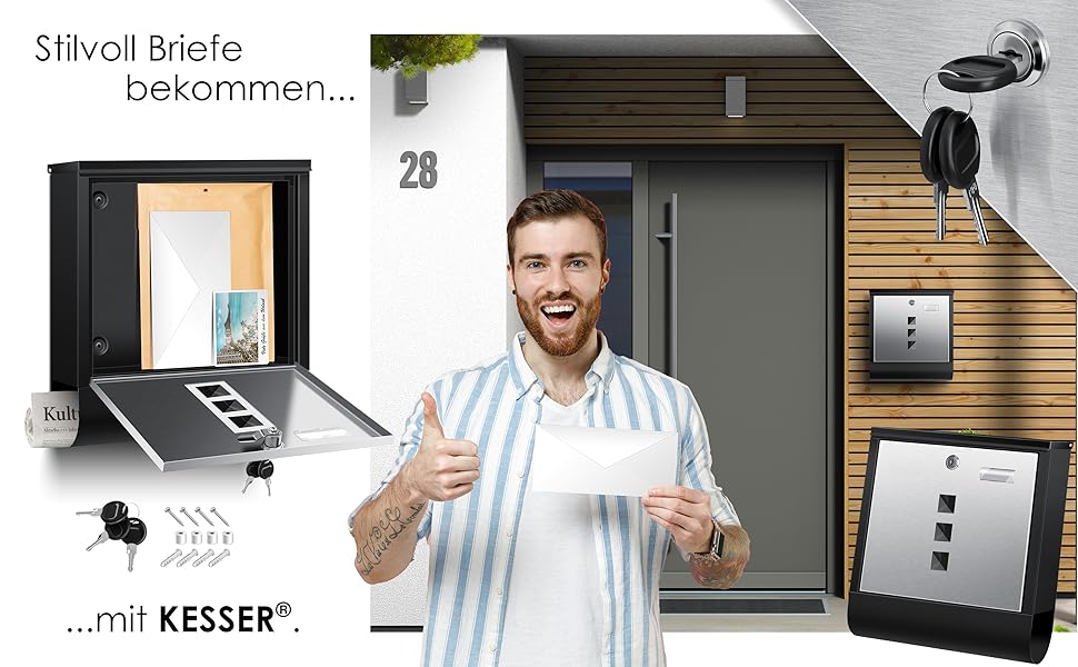 Поштова скринька KESSER® з газетницею та іменним шильдиком, нержавіюча сталь, матова, з оглядовим вікном, 3 ключі, порошкове покриття, настінний монтаж, велика, з матеріалом для монтажу (Чорний / Срібний)