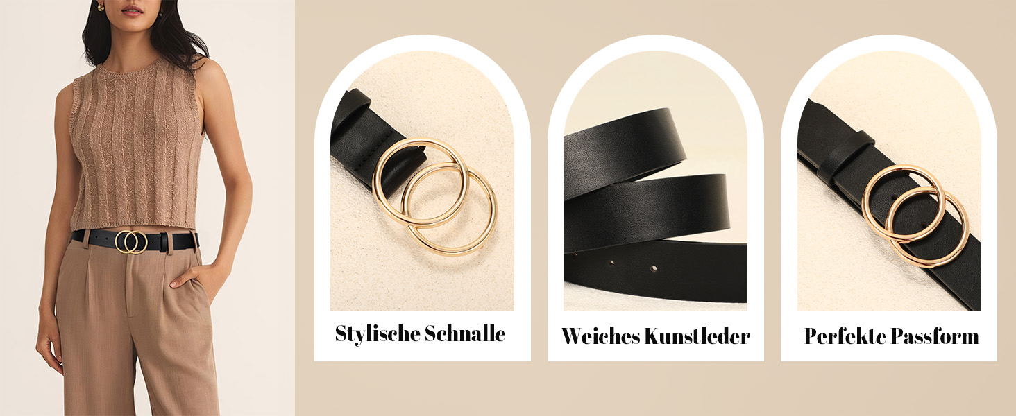 Жіночий шкіряний ремінь JasGood з подвійною кільцевою пряжкою для джинсів, штанів, суконь - чорний, XS (100 см, об'єм талії 65-75 см)